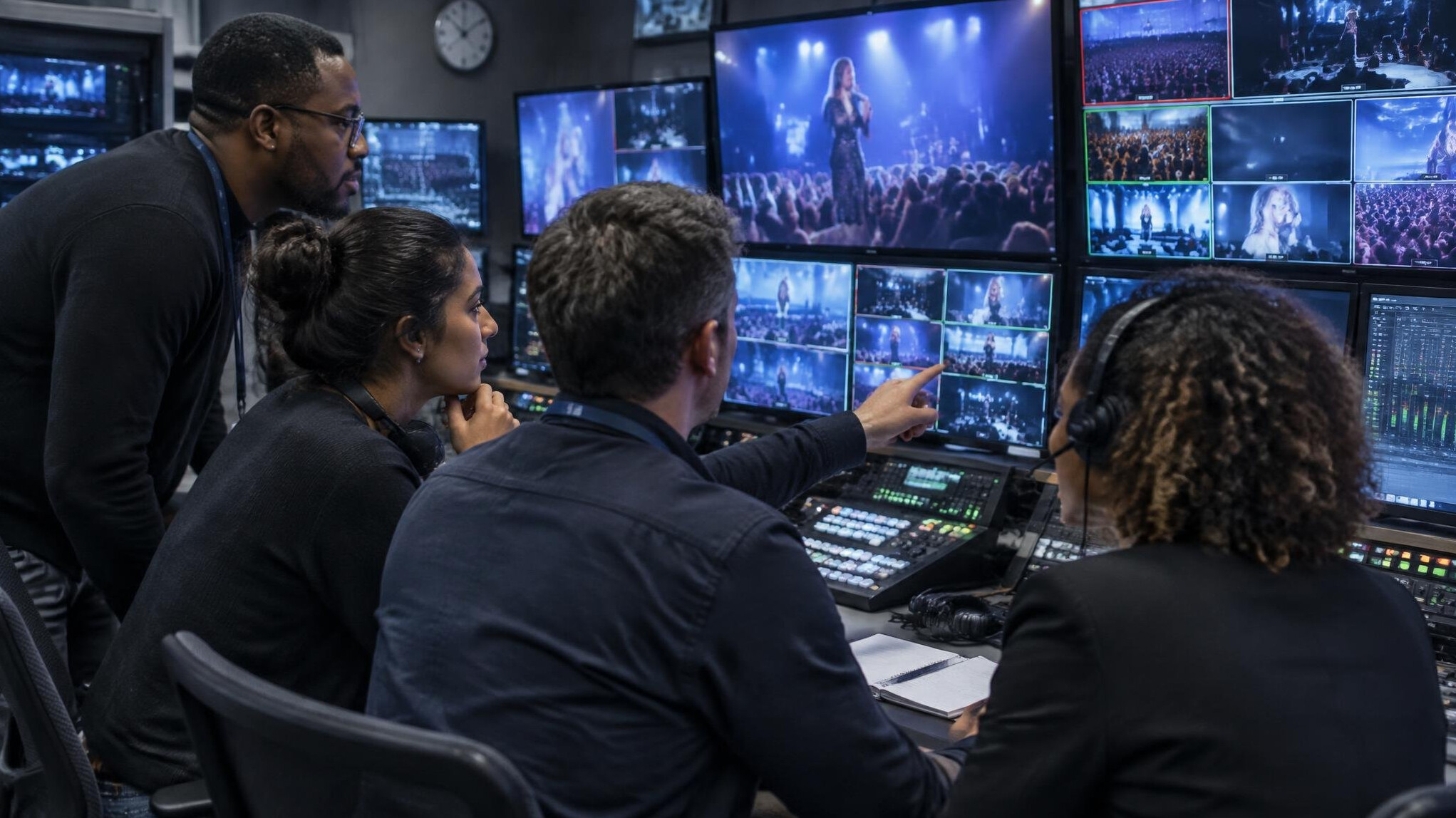 Team reviewing live footage on monitors in a media control room